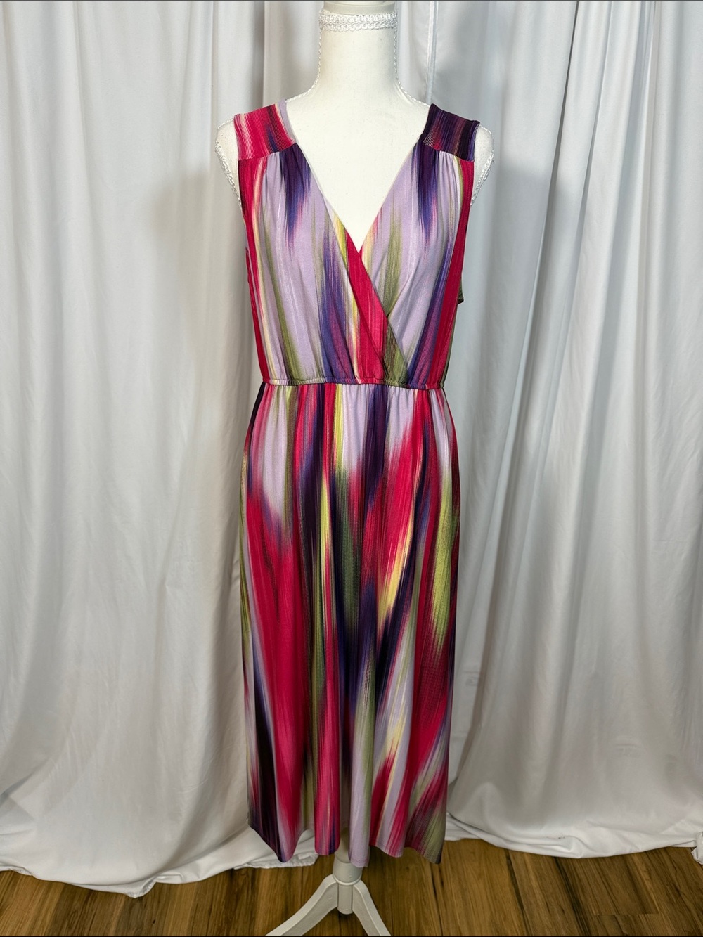 Tribal Multicolor Sleeveless V-Neck Midi Dress in Pink, Purple and Green